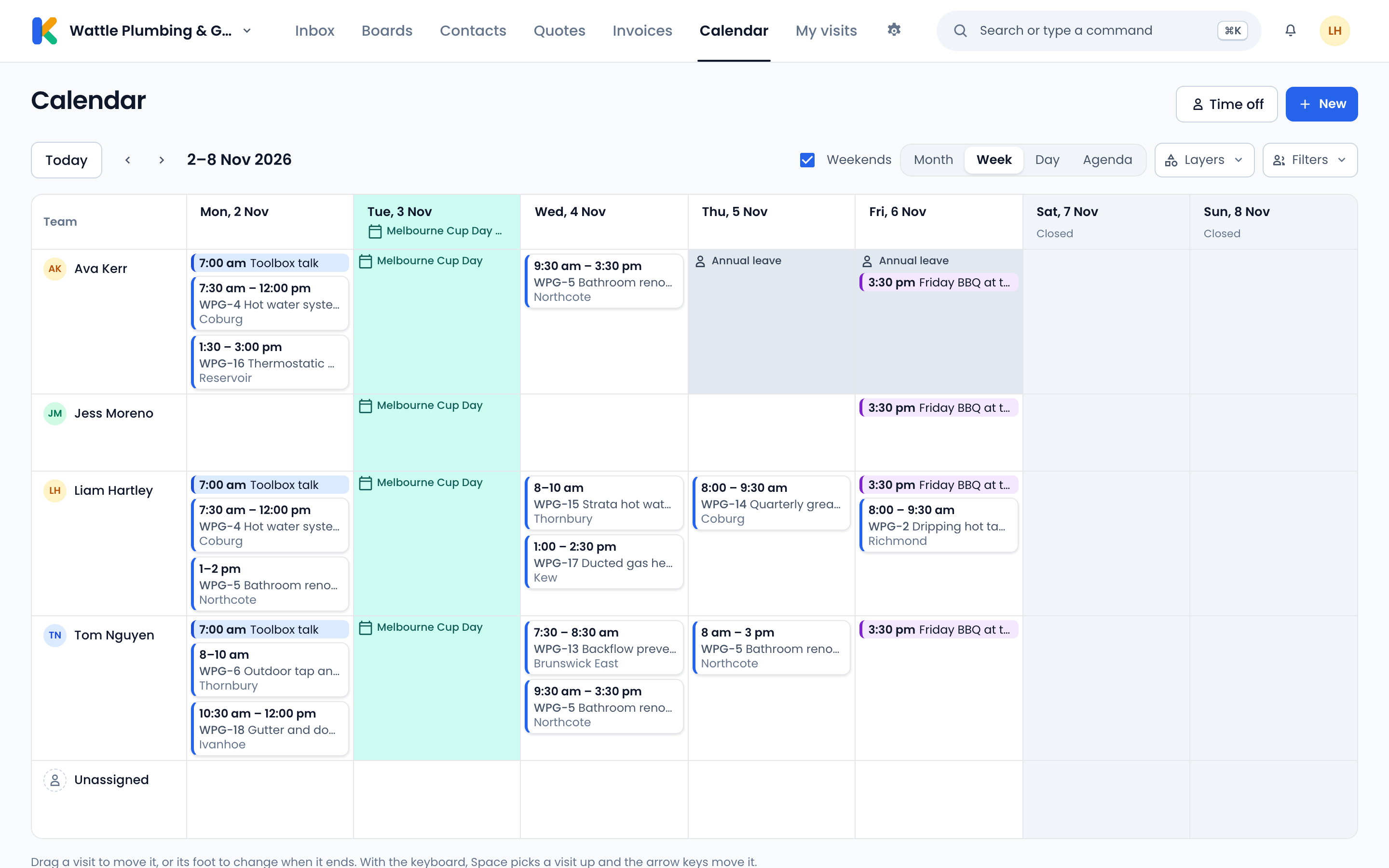 The Calendar in week view by person, with visits for each plumber, Melbourne Cup Day marked as a public holiday and one person on annual leave.