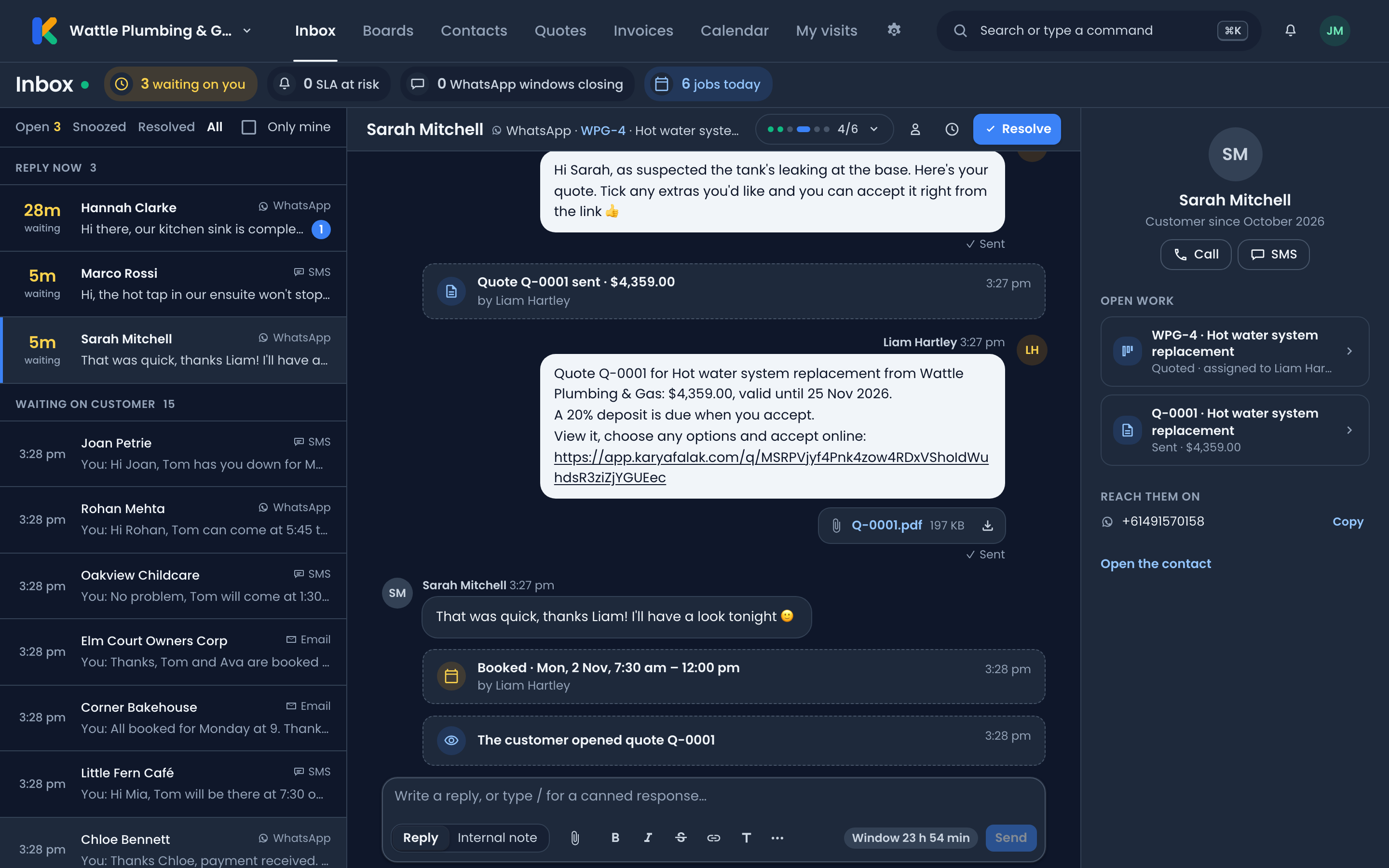 The Karya Falak inbox: a WhatsApp conversation about a cold hot water system, with replies from the team and the quote sent in the thread.