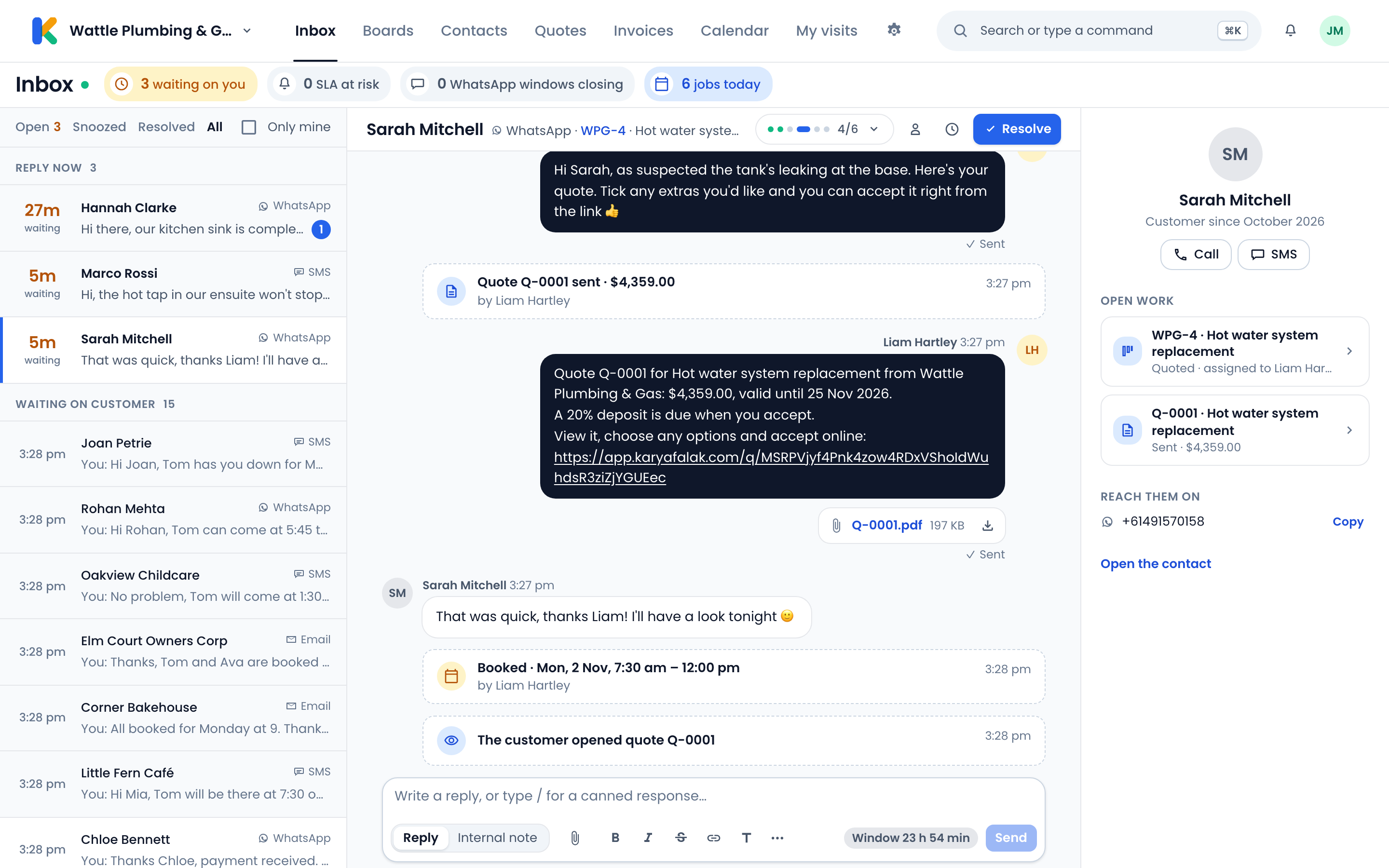 The Karya Falak inbox: a WhatsApp conversation about a cold hot water system, with replies from the team and the quote sent in the thread.