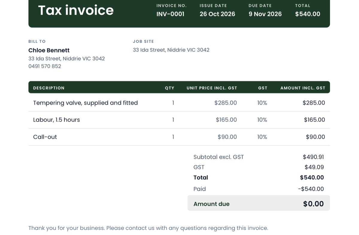 A tax invoice from the sample business with its lines, GST, and an amount due of nothing, stamped PAID.