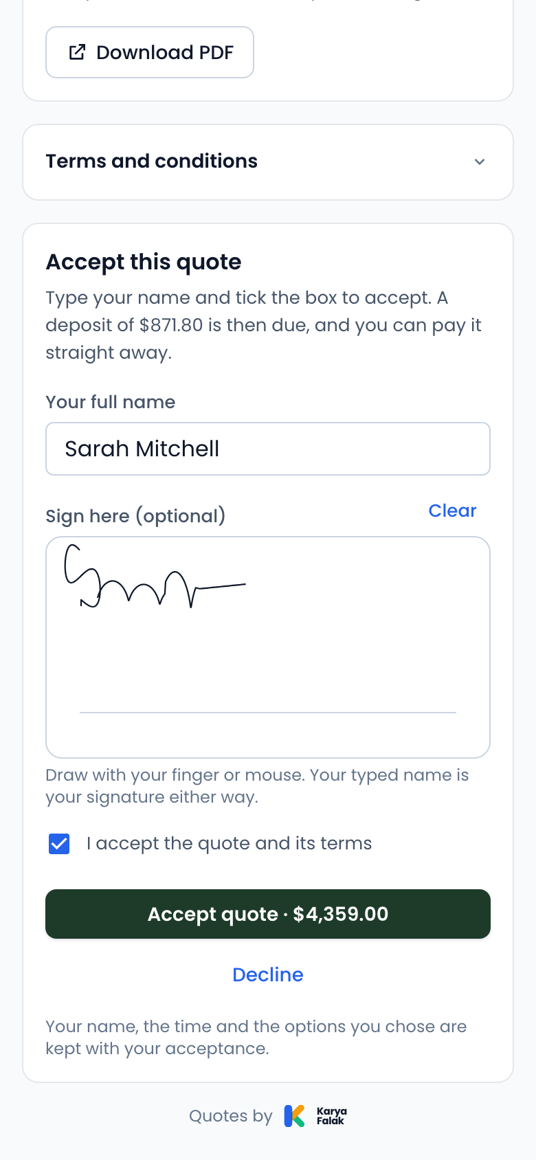 The customer’s quote page on a phone: their name typed, a signature drawn, the terms ticked and the Accept quote button.