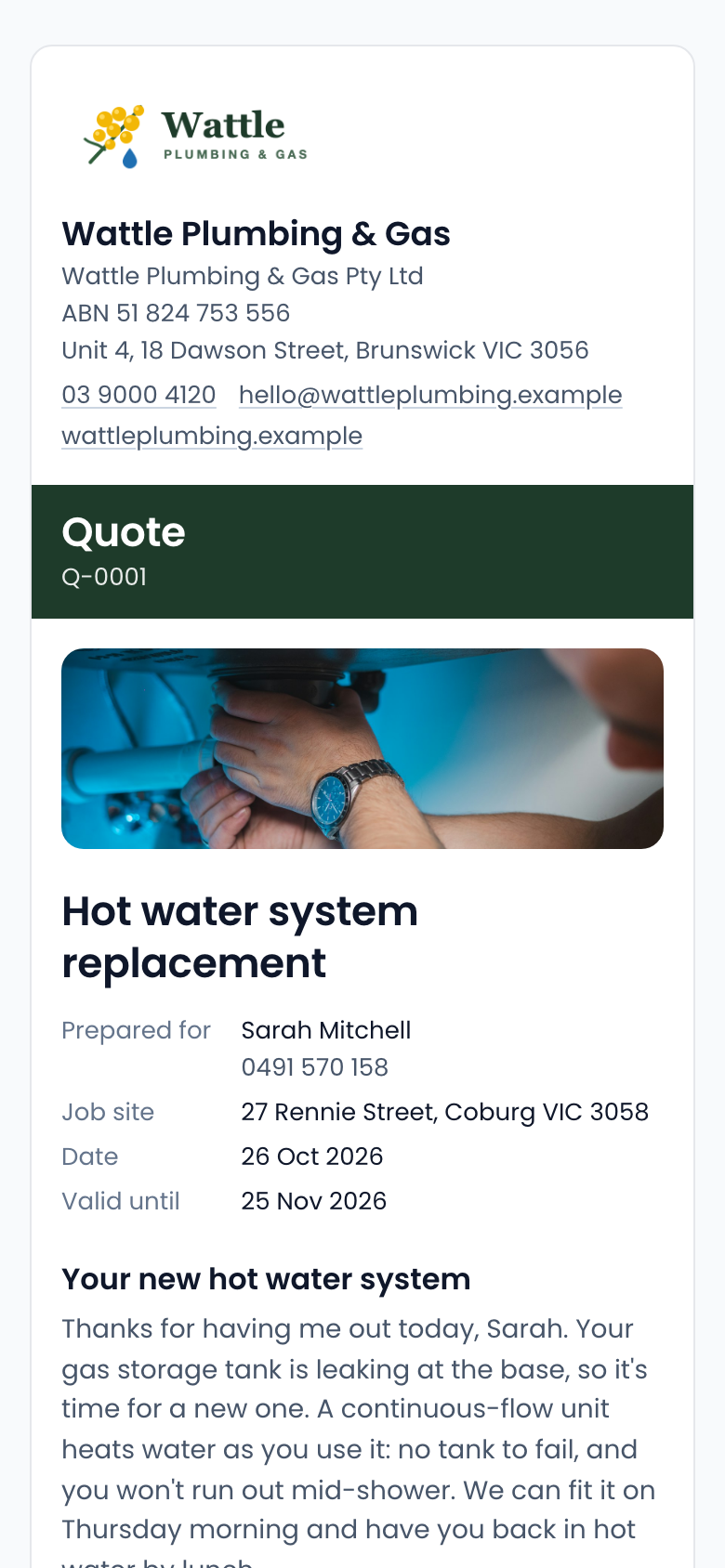The customer’s quote on a phone, in the business’s own colours, with a cover photo of the job.