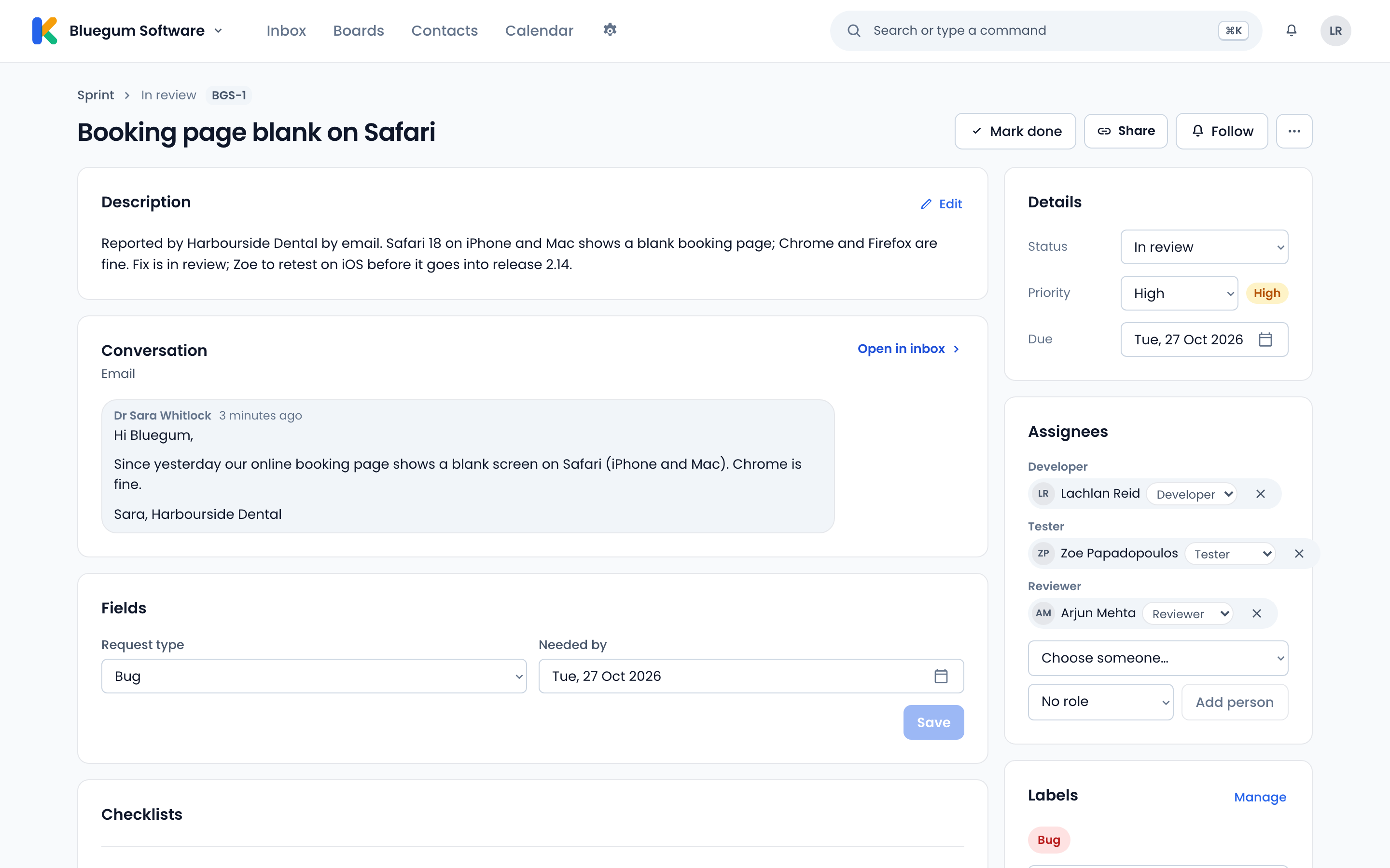 A ticket’s details: status, priority, a due date, and assignees with the roles Developer, Tester and Reviewer.